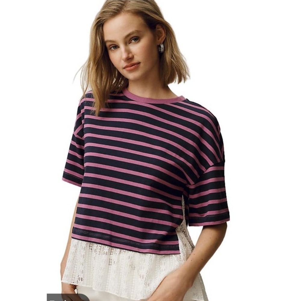 Maeve by Anthropologie Twofer Stripe Lace Tee NWT SIZE M